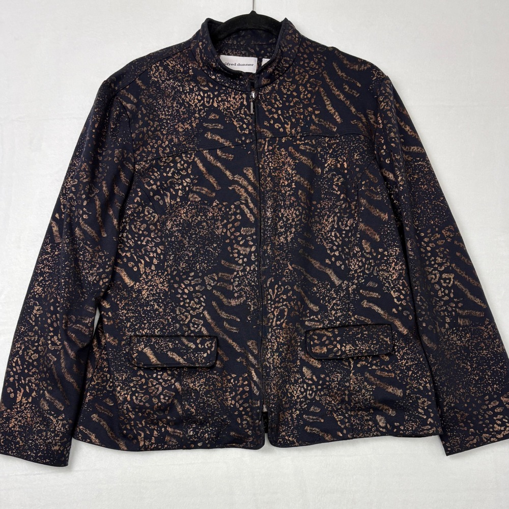 Alfred Dunner Womens 14 Metallic Bronze Animal Print Full Zip Jacket Mock Neck